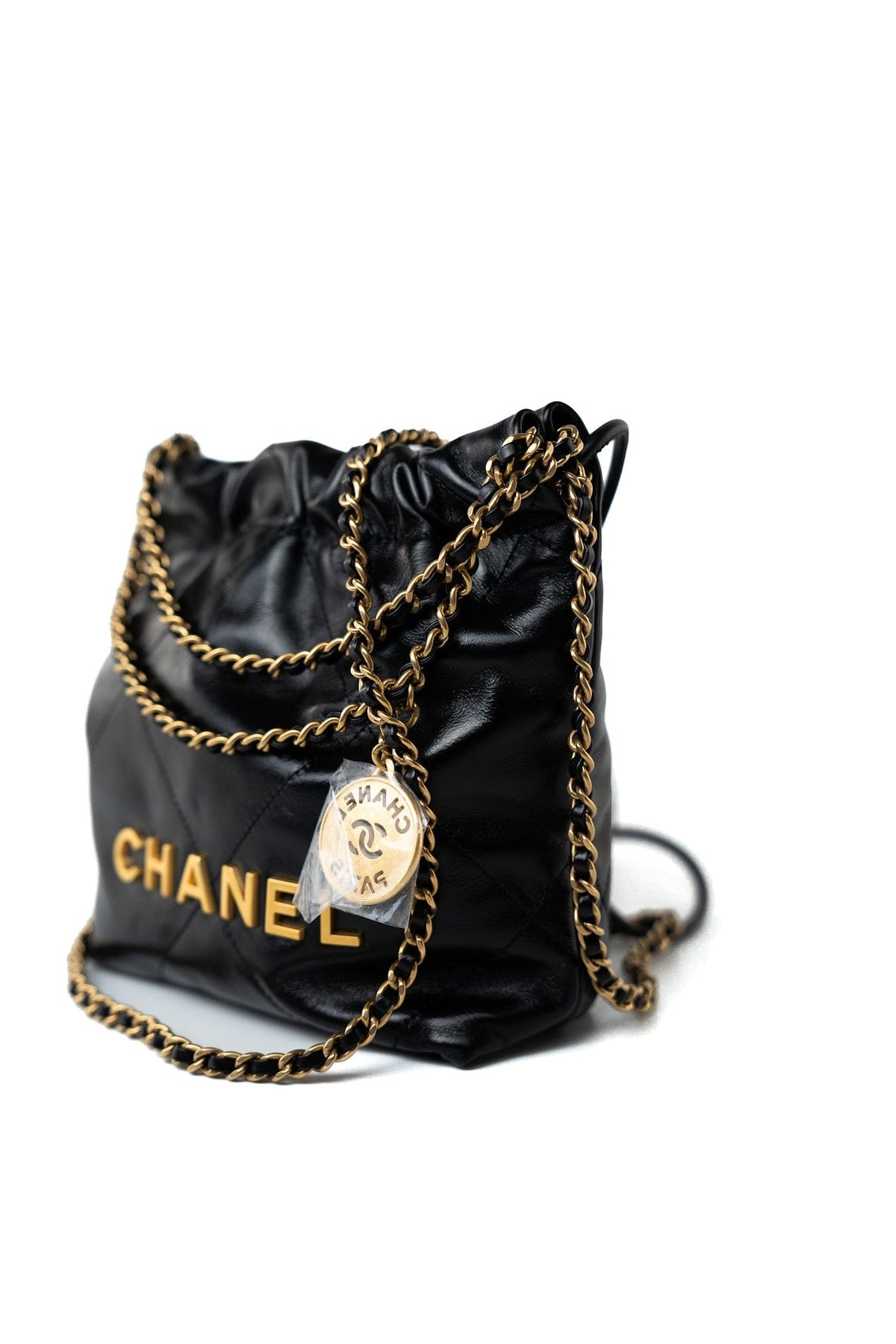 CHANEL Handbag Black Shiny Black Calfskin Quilted Mini 22 Bag Antique Gold Hardware - Redeluxe