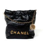 CHANEL Handbag Black Shiny Black Calfskin Quilted Mini 22 Bag Antique Gold Hardware - Redeluxe