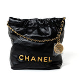 CHANEL Handbag Black Shiny Black Calfskin Quilted Mini 22 Bag Antique Gold Hardware - Redeluxe