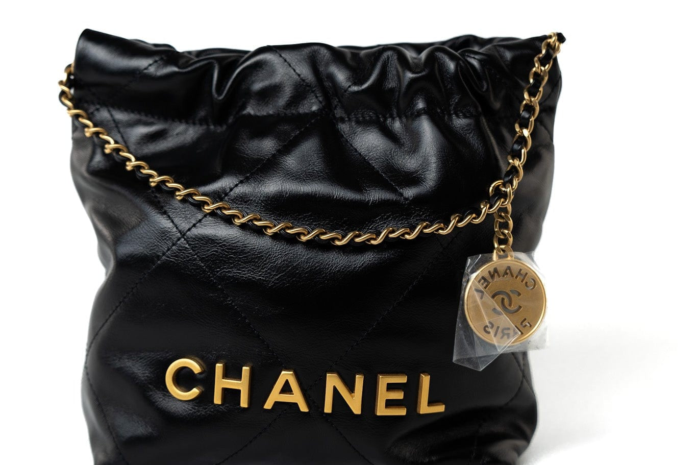 CHANEL Handbag Black Shiny Black Calfskin Quilted Mini 22 Bag Antique Gold Hardware - Redeluxe