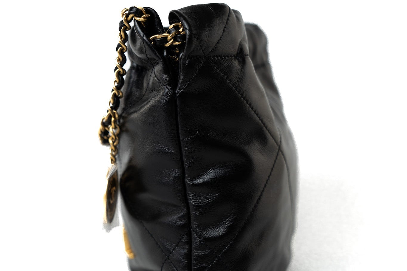 CHANEL Handbag Black Shiny Black Calfskin Quilted Mini 22 Bag Antique Gold Hardware - Redeluxe