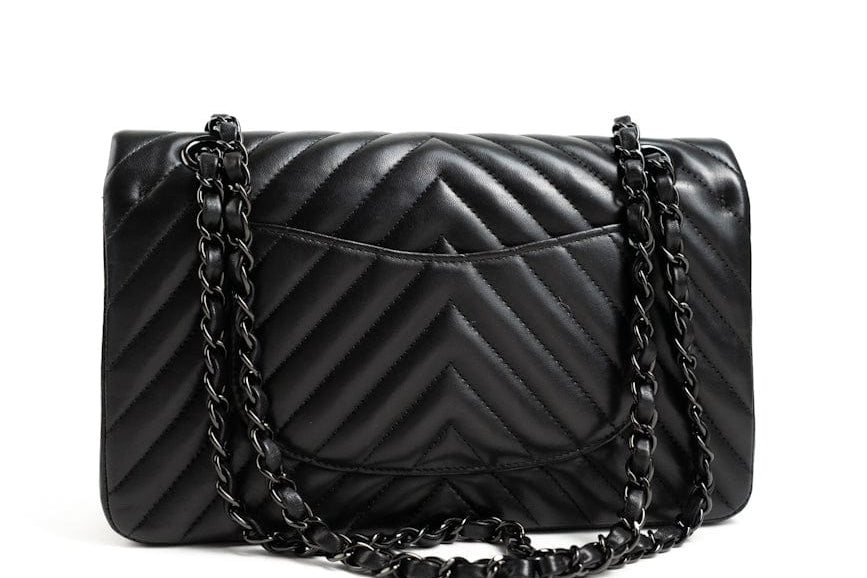 CHANEL Handbag Black So Black Lambskin Chevron Medium Classic Flap - Redeluxe