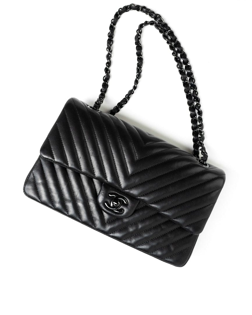 CHANEL Handbag Black So Black Lambskin Chevron Medium Classic Flap - Redeluxe