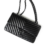 CHANEL Handbag Black So Black Lambskin Chevron Medium Classic Flap - Redeluxe