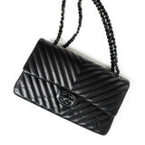 CHANEL Handbag Black So Black Lambskin Chevron Medium Classic Flap - Redeluxe