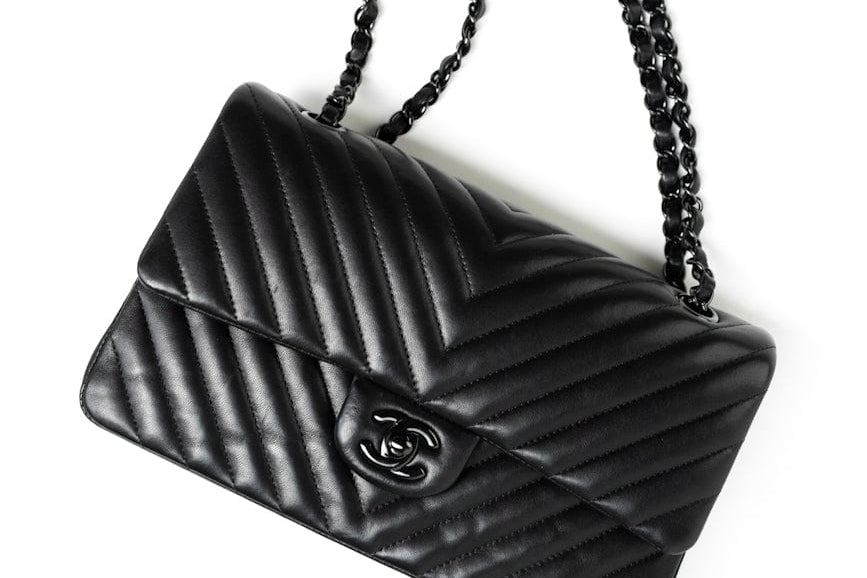 CHANEL Handbag Black So Black Lambskin Chevron Medium Classic Flap - Redeluxe