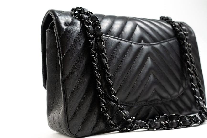 CHANEL Handbag Black So Black Lambskin Chevron Medium Classic Flap - Redeluxe