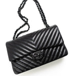 CHANEL Handbag Black So Black Lambskin Chevron Medium Classic Flap - Redeluxe