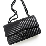 CHANEL Handbag Black So Black Lambskin Chevron Medium Classic Flap - Redeluxe