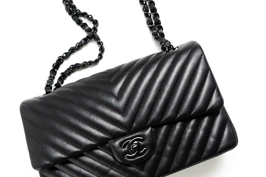 CHANEL Handbag Black So Black Lambskin Chevron Medium Classic Flap - Redeluxe