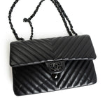 CHANEL Handbag Black So Black Lambskin Chevron Medium Classic Flap - Redeluxe