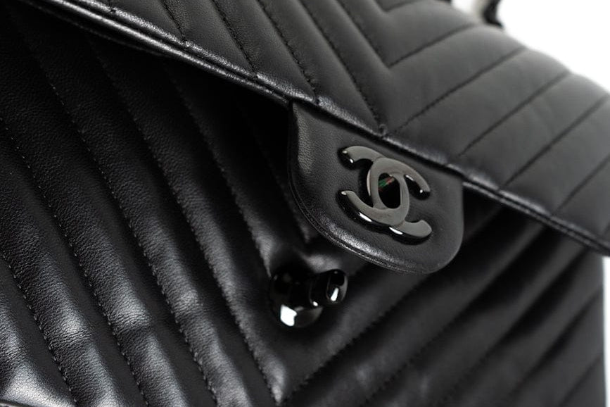 CHANEL Handbag Black So Black Lambskin Chevron Medium Classic Flap - Redeluxe