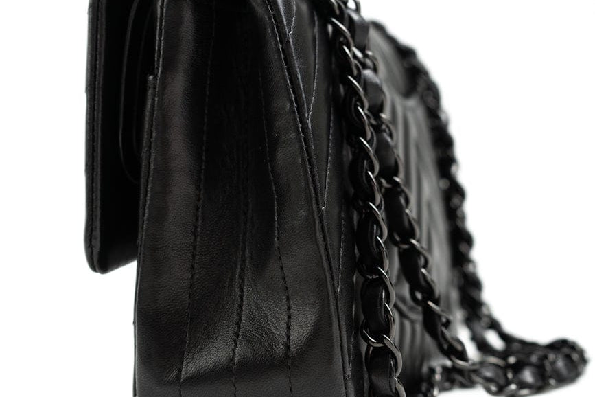 CHANEL Handbag Black So Black Lambskin Chevron Medium Classic Flap - Redeluxe