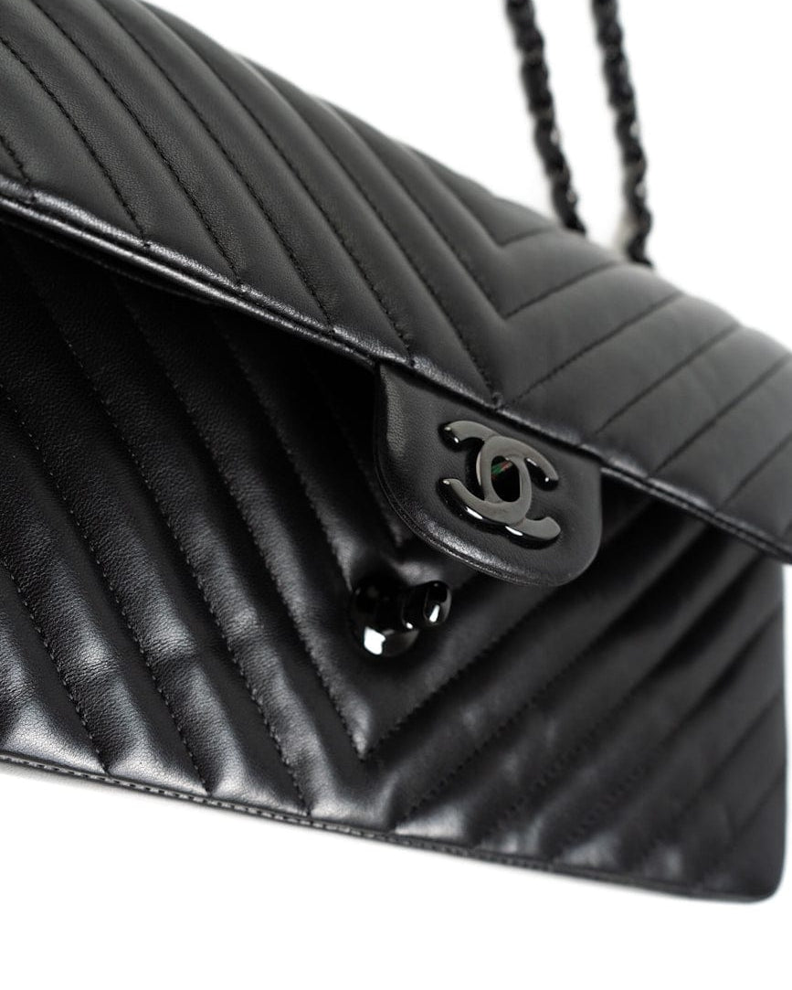 CHANEL Handbag Black So Black Lambskin Chevron Medium Classic Flap - Redeluxe