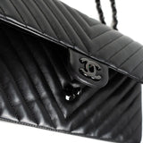 CHANEL Handbag Black So Black Lambskin Chevron Medium Classic Flap - Redeluxe