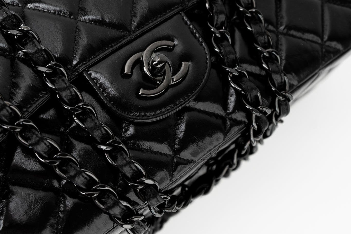 CHANEL Handbag Black So Black Shiny Crumpled Calfskin Quilted Jumbo Double Flap - Redeluxe