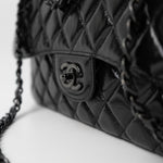 CHANEL Handbag Black So Black Shiny Crumpled Calfskin Quilted Jumbo Double Flap - Redeluxe