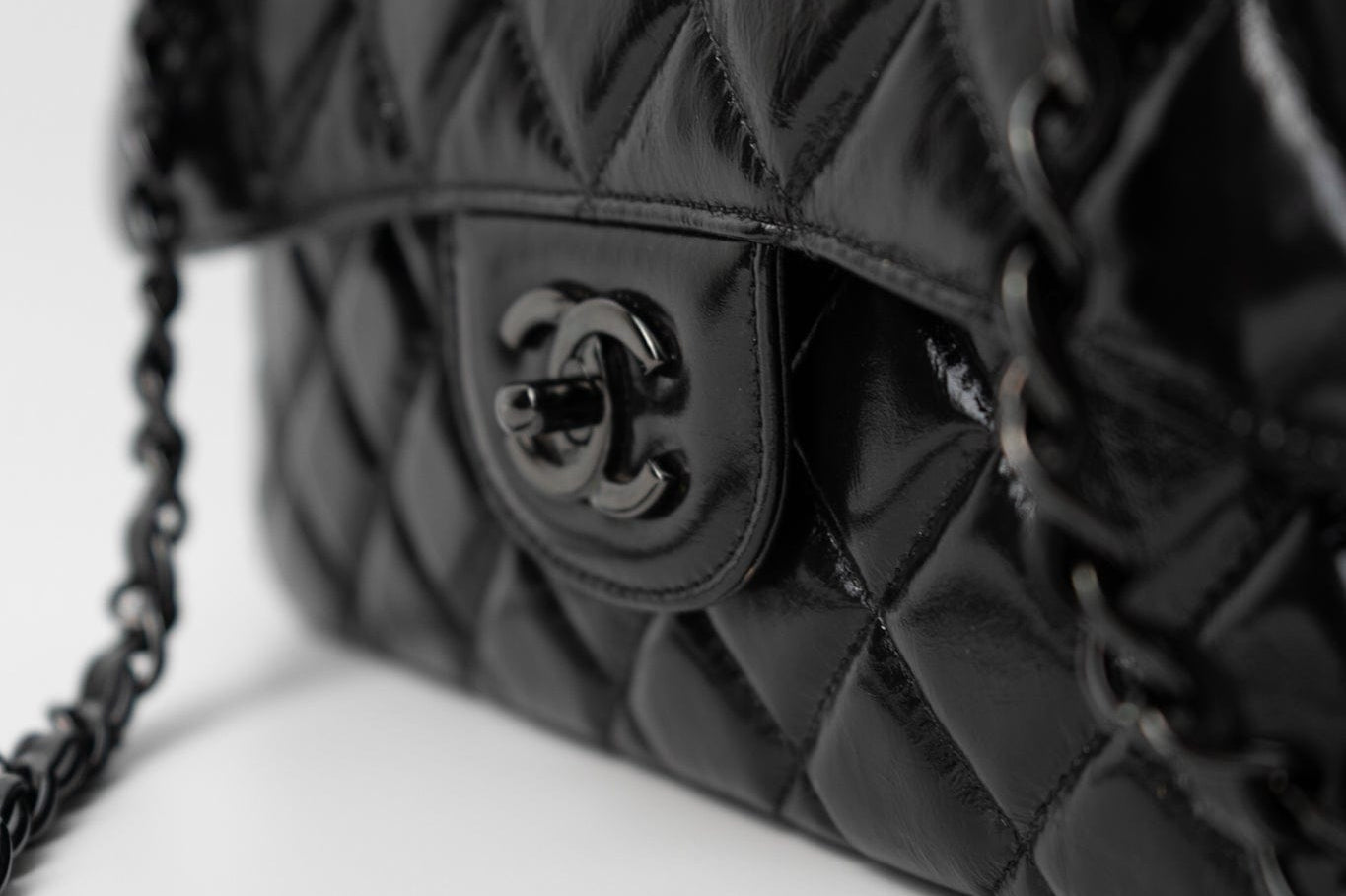 CHANEL Handbag Black So Black Shiny Crumpled Calfskin Quilted Jumbo Double Flap - Redeluxe