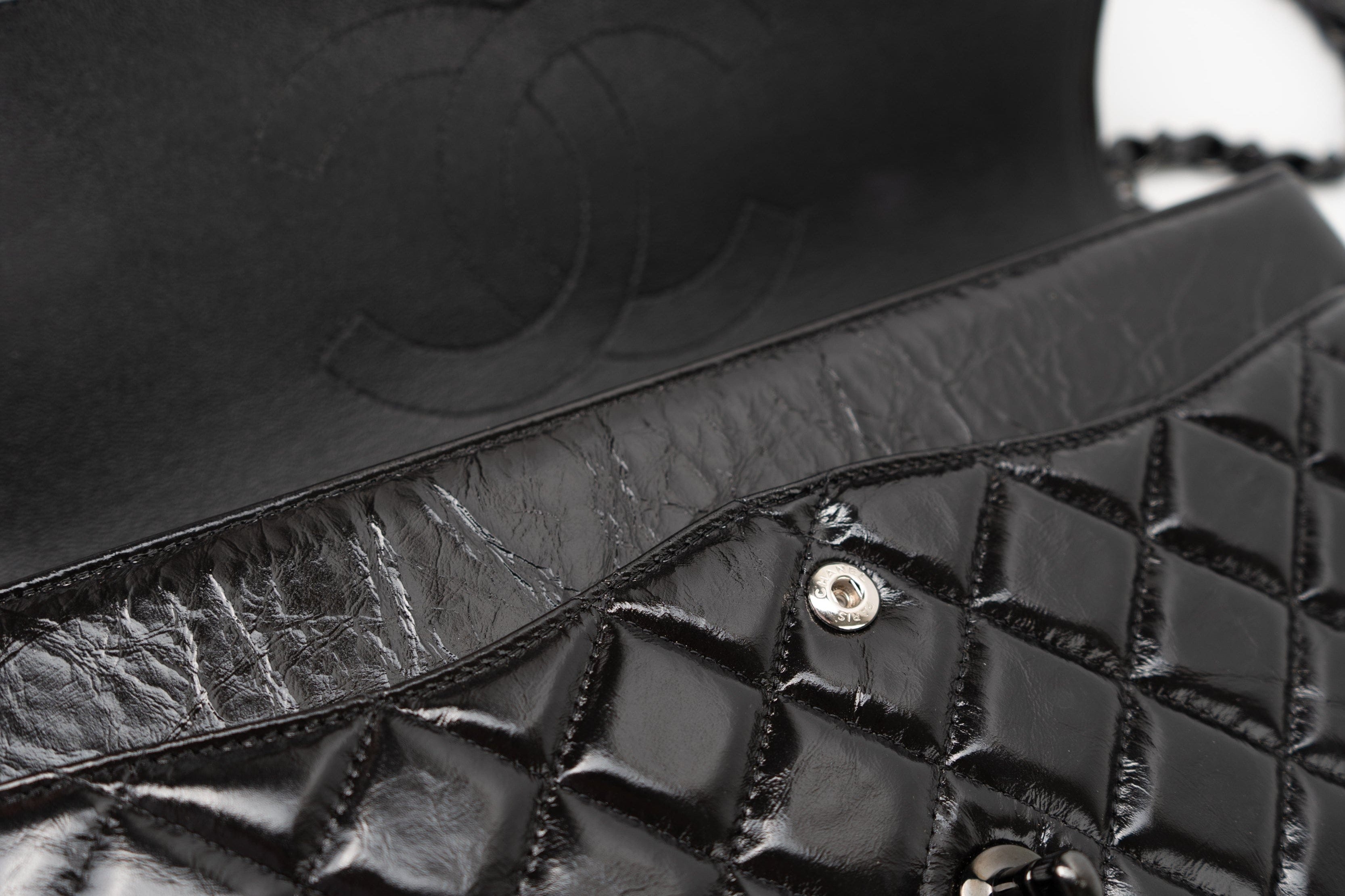 CHANEL Handbag Black So Black Shiny Crumpled Calfskin Quilted Jumbo Double Flap - Redeluxe