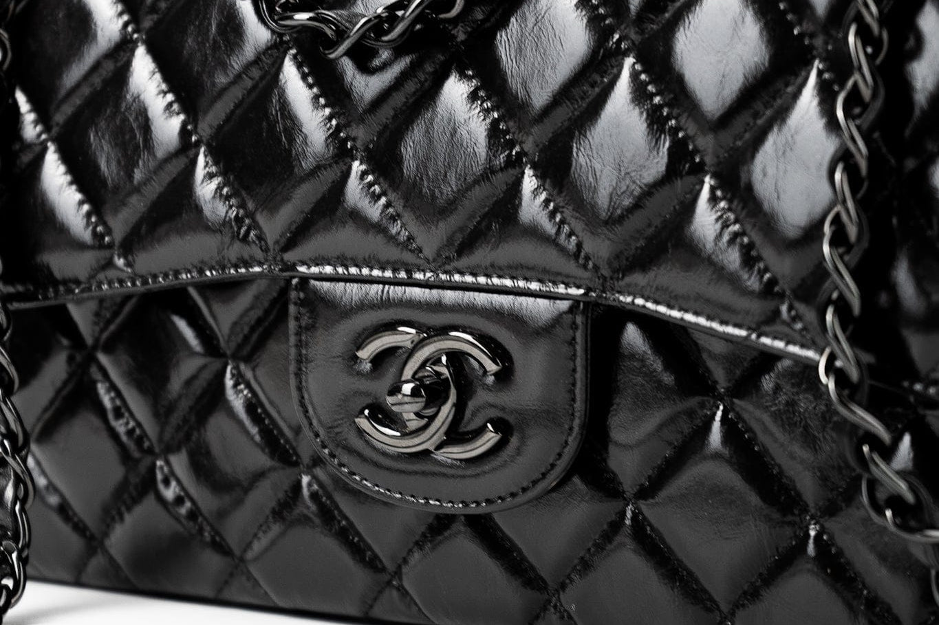 CHANEL Handbag Black So Black Shiny Crumpled Calfskin Quilted Jumbo Double Flap - Redeluxe