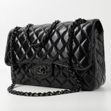 CHANEL Handbag Black So Black Shiny Crumpled Calfskin Quilted Jumbo Double Flap - Redeluxe