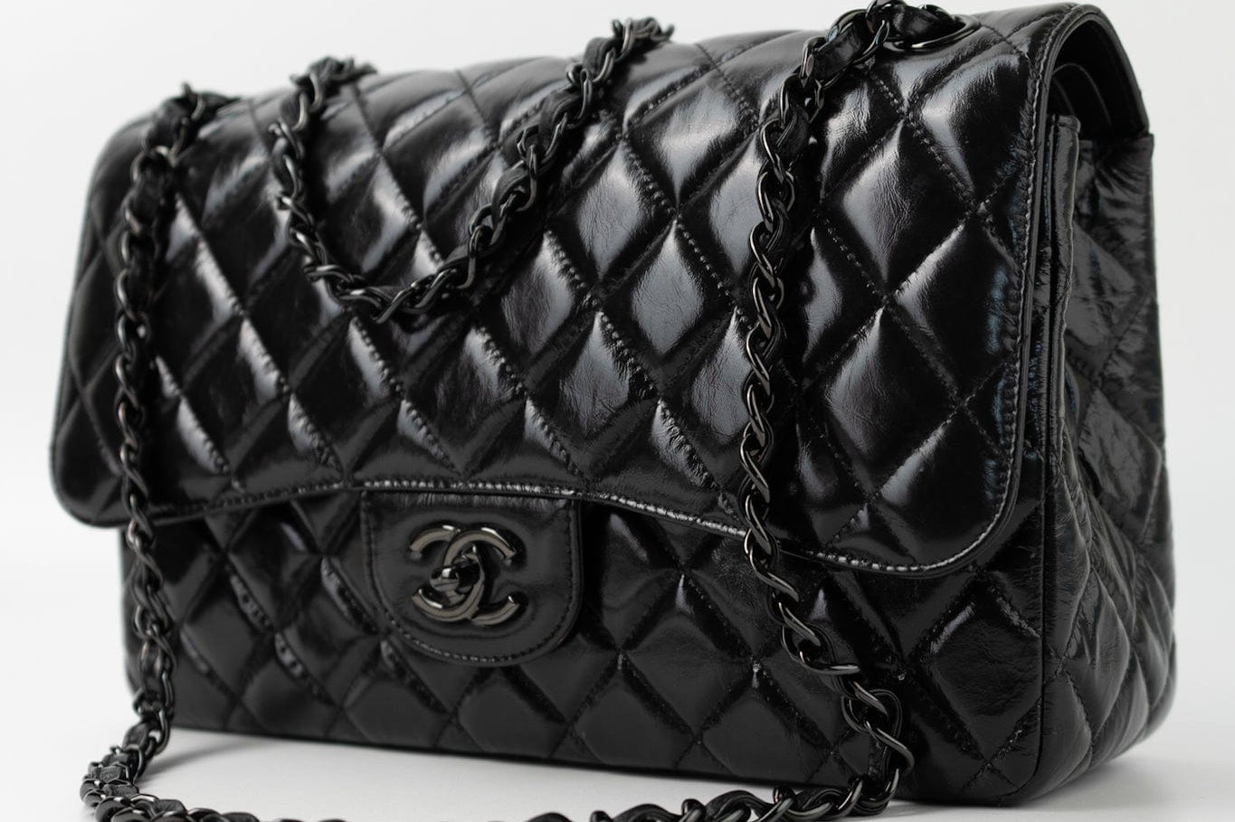 CHANEL Handbag Black So Black Shiny Crumpled Calfskin Quilted Jumbo Double Flap - Redeluxe