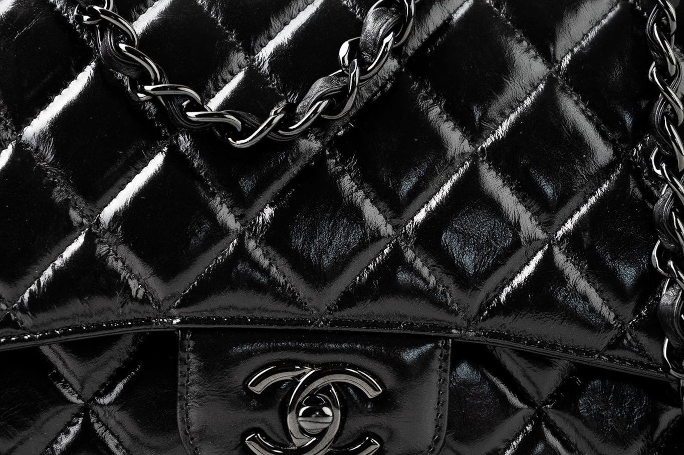 CHANEL Handbag Black So Black Shiny Crumpled Calfskin Quilted Jumbo Double Flap - Redeluxe
