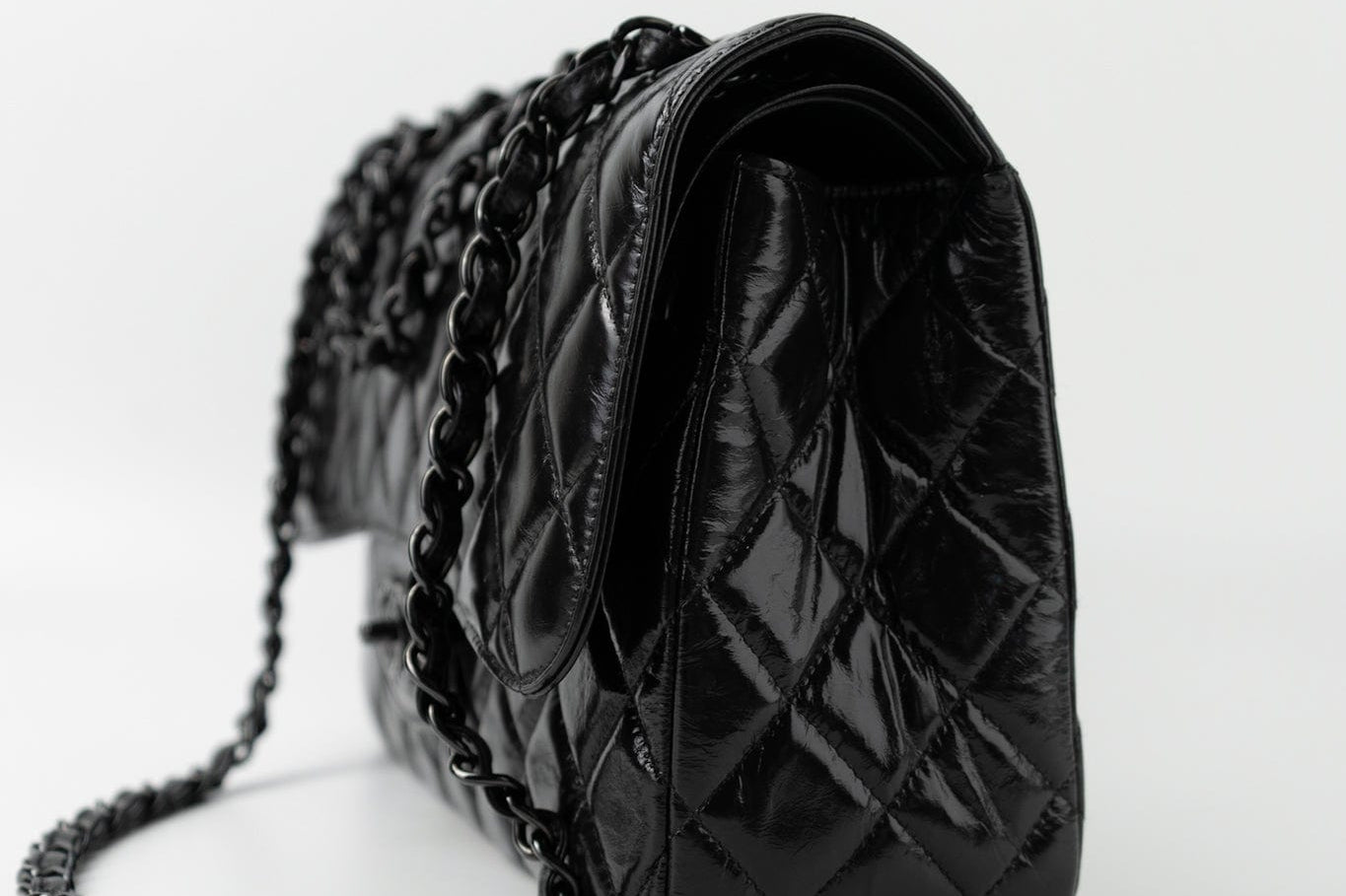 CHANEL Handbag Black So Black Shiny Crumpled Calfskin Quilted Jumbo Double Flap - Redeluxe