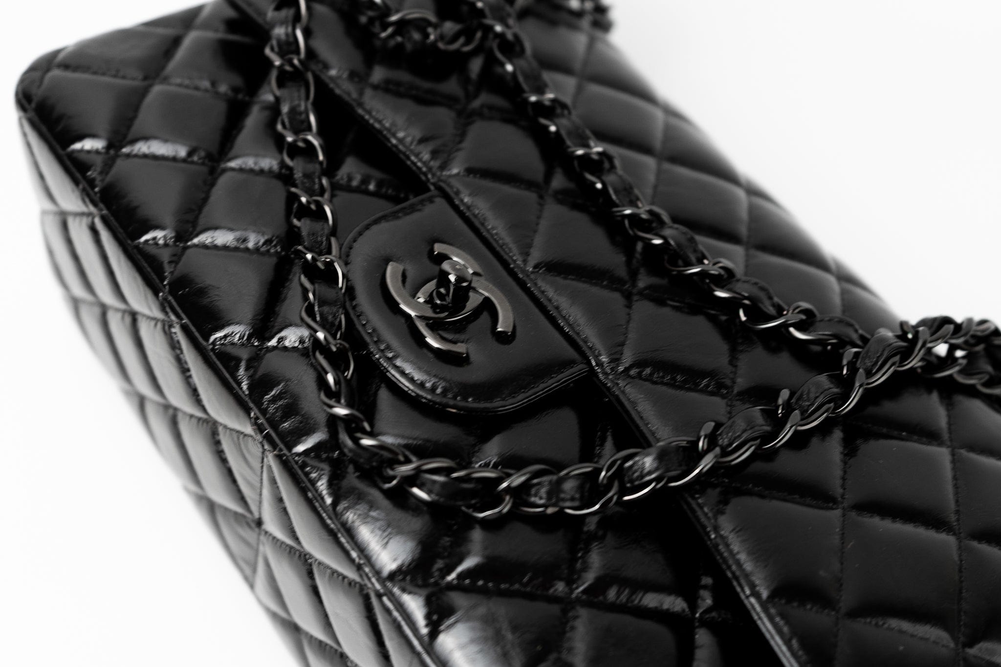 CHANEL Handbag Black So Black Shiny Crumpled Calfskin Quilted Jumbo Double Flap - Redeluxe