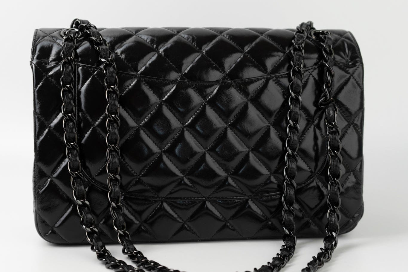 CHANEL Handbag Black So Black Shiny Crumpled Calfskin Quilted Jumbo Double Flap - Redeluxe