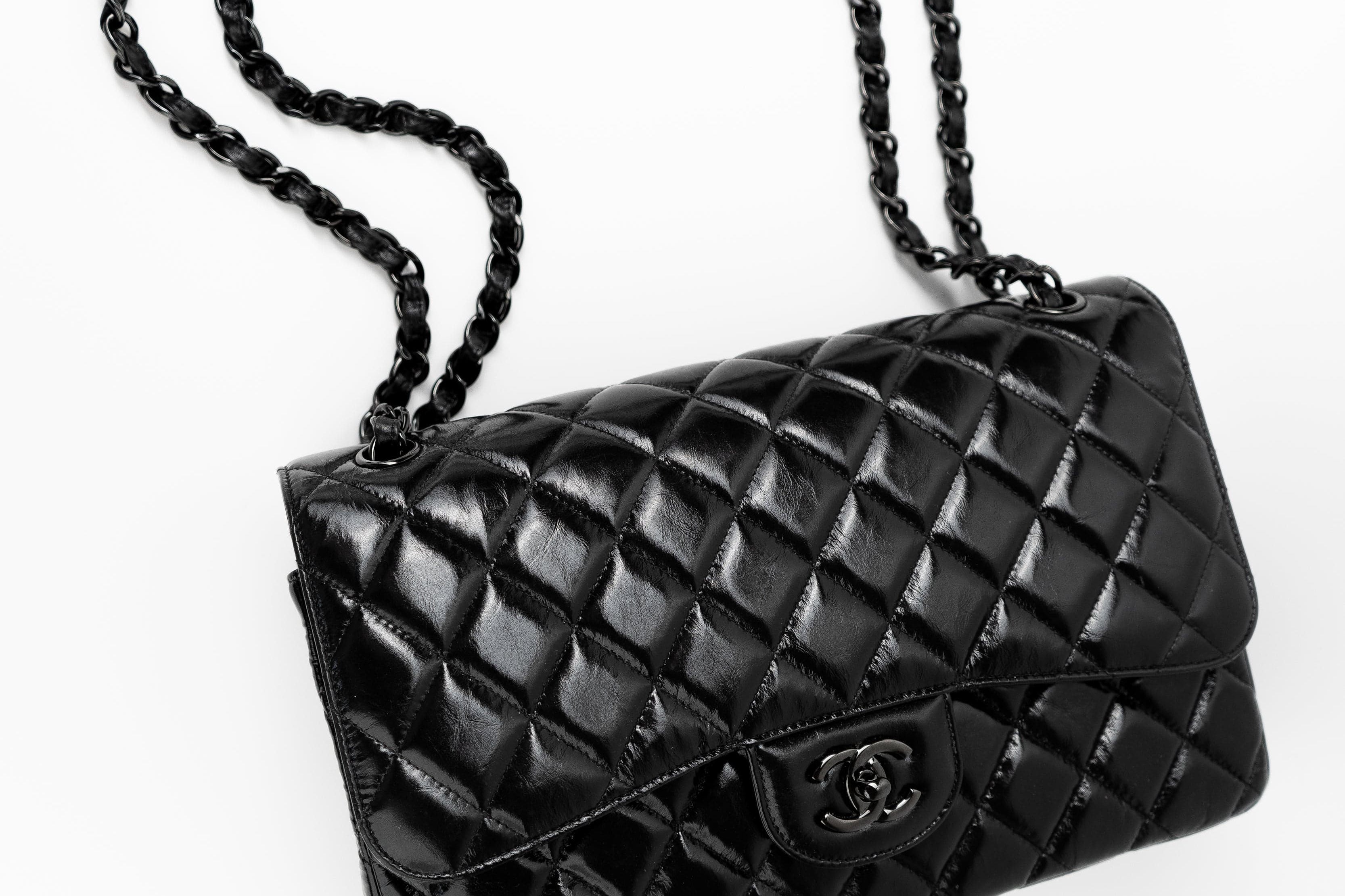 CHANEL Handbag Black So Black Shiny Crumpled Calfskin Quilted Jumbo Double Flap - Redeluxe