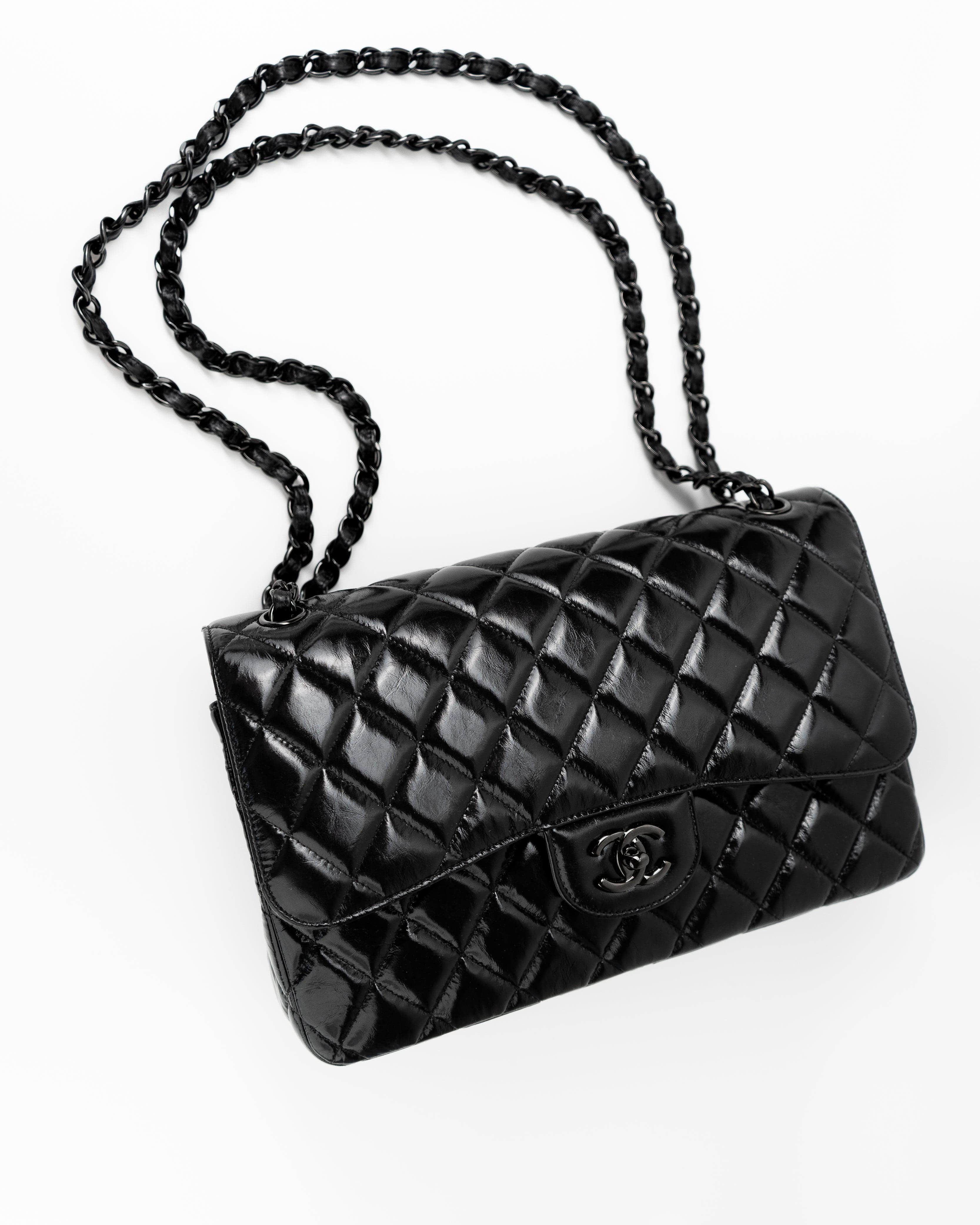 CHANEL Handbag Black So Black Shiny Crumpled Calfskin Quilted Jumbo Double Flap - Redeluxe