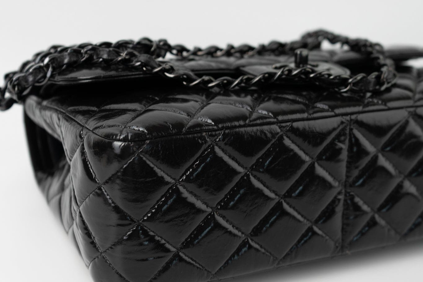 CHANEL Handbag Black So Black Shiny Crumpled Calfskin Quilted Jumbo Double Flap - Redeluxe