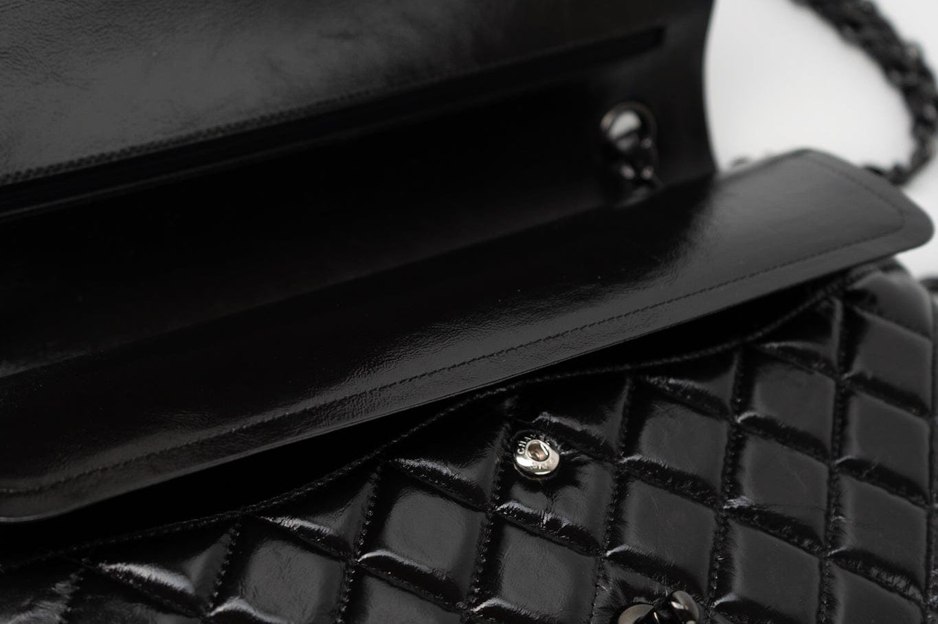 CHANEL Handbag Black So Black Shiny Crumpled Calfskin Quilted Jumbo Double Flap - Redeluxe