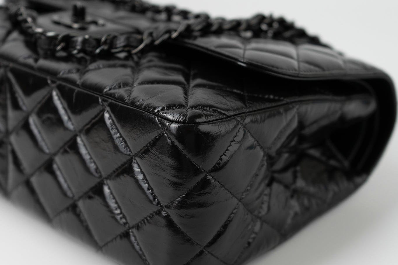 CHANEL Handbag Black So Black Shiny Crumpled Calfskin Quilted Jumbo Double Flap - Redeluxe