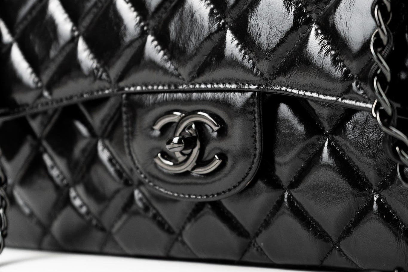 CHANEL Handbag Black So Black Shiny Crumpled Calfskin Quilted Jumbo Double Flap - Redeluxe