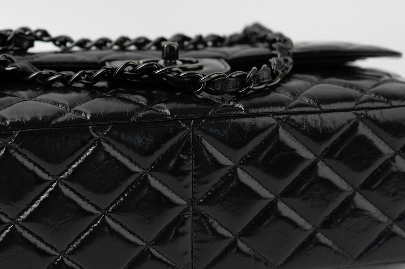 CHANEL Handbag Black So Black Shiny Crumpled Calfskin Quilted Jumbo Double Flap - Redeluxe