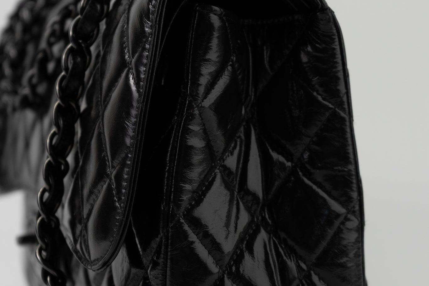 CHANEL Handbag Black So Black Shiny Crumpled Calfskin Quilted Jumbo Double Flap - Redeluxe