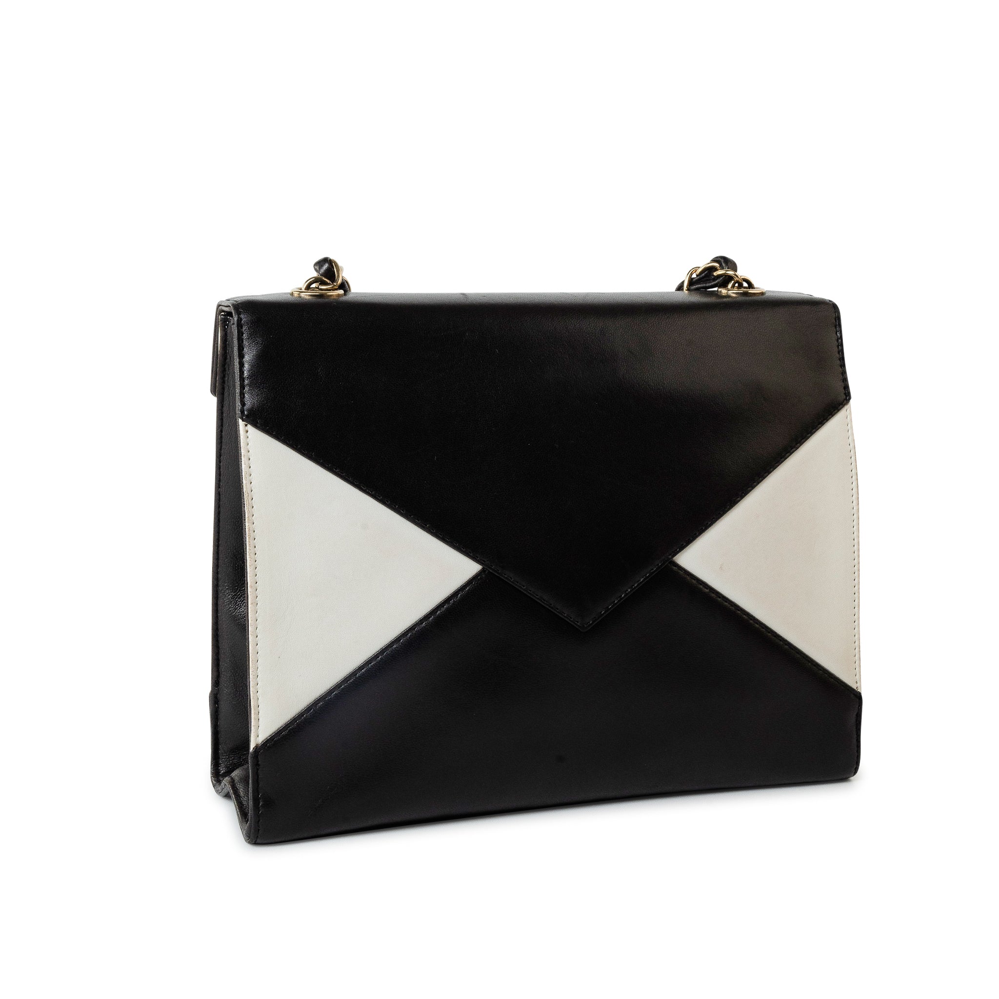 CHANEL Handbag Black Vintage Black and White Lambskin Envelope Shoulder Bag Gold Hardware - Redeluxe