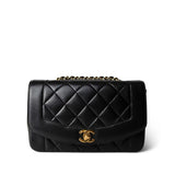 CHANEL Handbag Black Vintage Black Lambskin Quilted Diana Small Gold Hardware - Redeluxe