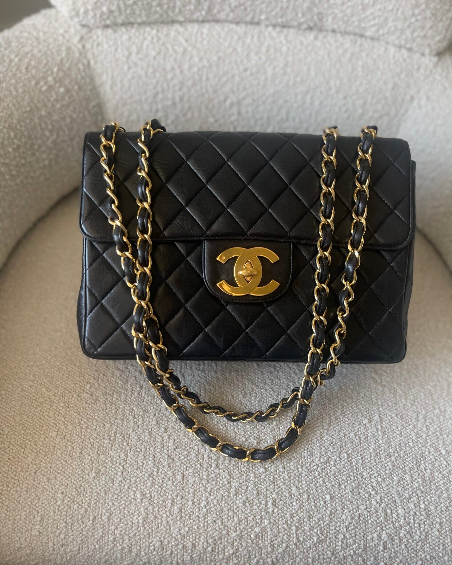 CHANEL Handbag Black Vintage Black Lambskin Quilted Jumbo GHW - Redeluxe