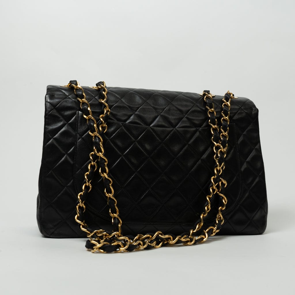 CHANEL Handbag Black Vintage Black Lambskin Quilted Jumbo XL Single Flap - Redeluxe