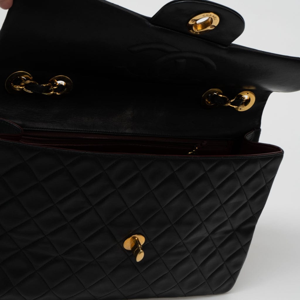 CHANEL Handbag Black Vintage Black Lambskin Quilted Jumbo XL Single Flap - Redeluxe