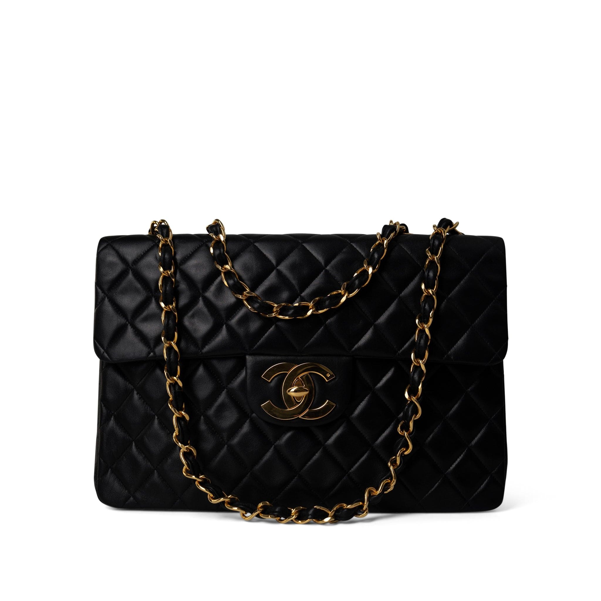CHANEL Handbag Black Vintage Black Lambskin Quilted Jumbo XL Single Flap - Redeluxe