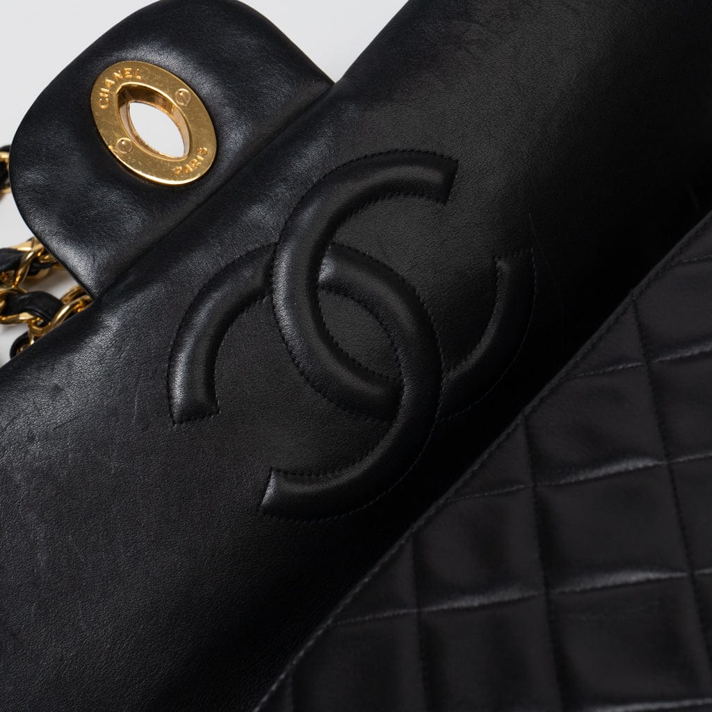 CHANEL Handbag Black Vintage Black Lambskin Quilted Jumbo XL Single Flap - Redeluxe