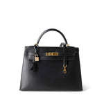 CHANEL Handbag Black Vintage Kelly Sellier 32 Black Box Calfskin Gold Plated F Square Stamp - Redeluxe