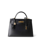 CHANEL Handbag Black Vintage Kelly Sellier 32 Black Box Calfskin Gold Plated F Square Stamp - Redeluxe