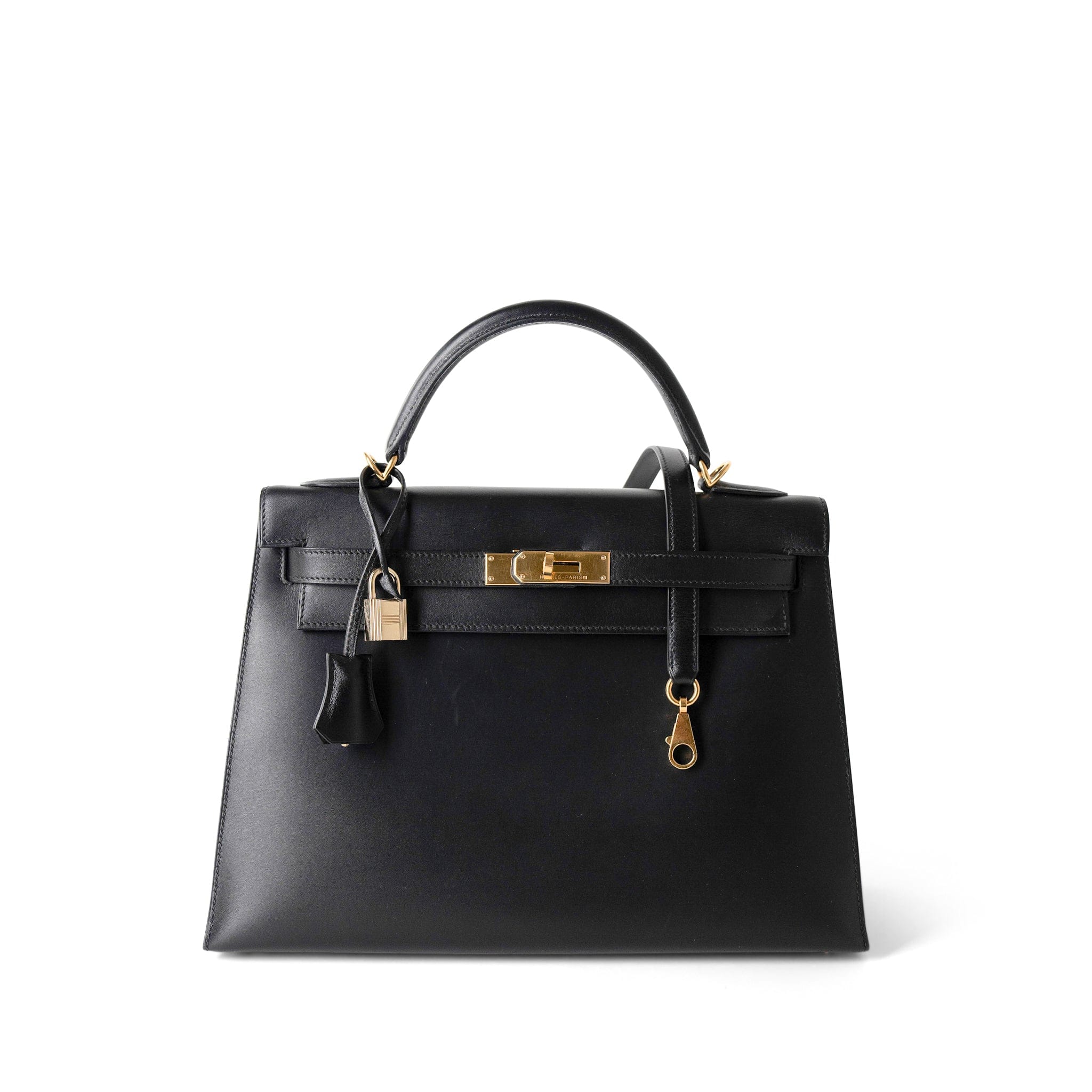 CHANEL Handbag Black Vintage Kelly Sellier 32 Black Box Calfskin Gold Plated F Square Stamp - Redeluxe