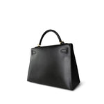 CHANEL Handbag Black Vintage Kelly Sellier 32 Black Box Calfskin Gold Plated F Square Stamp - Redeluxe