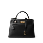 CHANEL Handbag Black Vintage Kelly Sellier 32 Black Box Calfskin Gold Plated F Square Stamp - Redeluxe